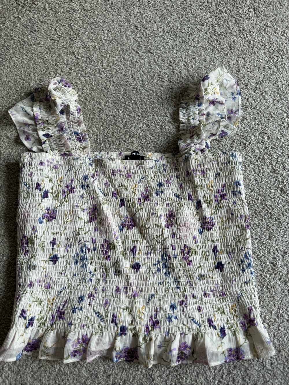 Smocked Floral Ruffle Strap Crop Top - White & Purple